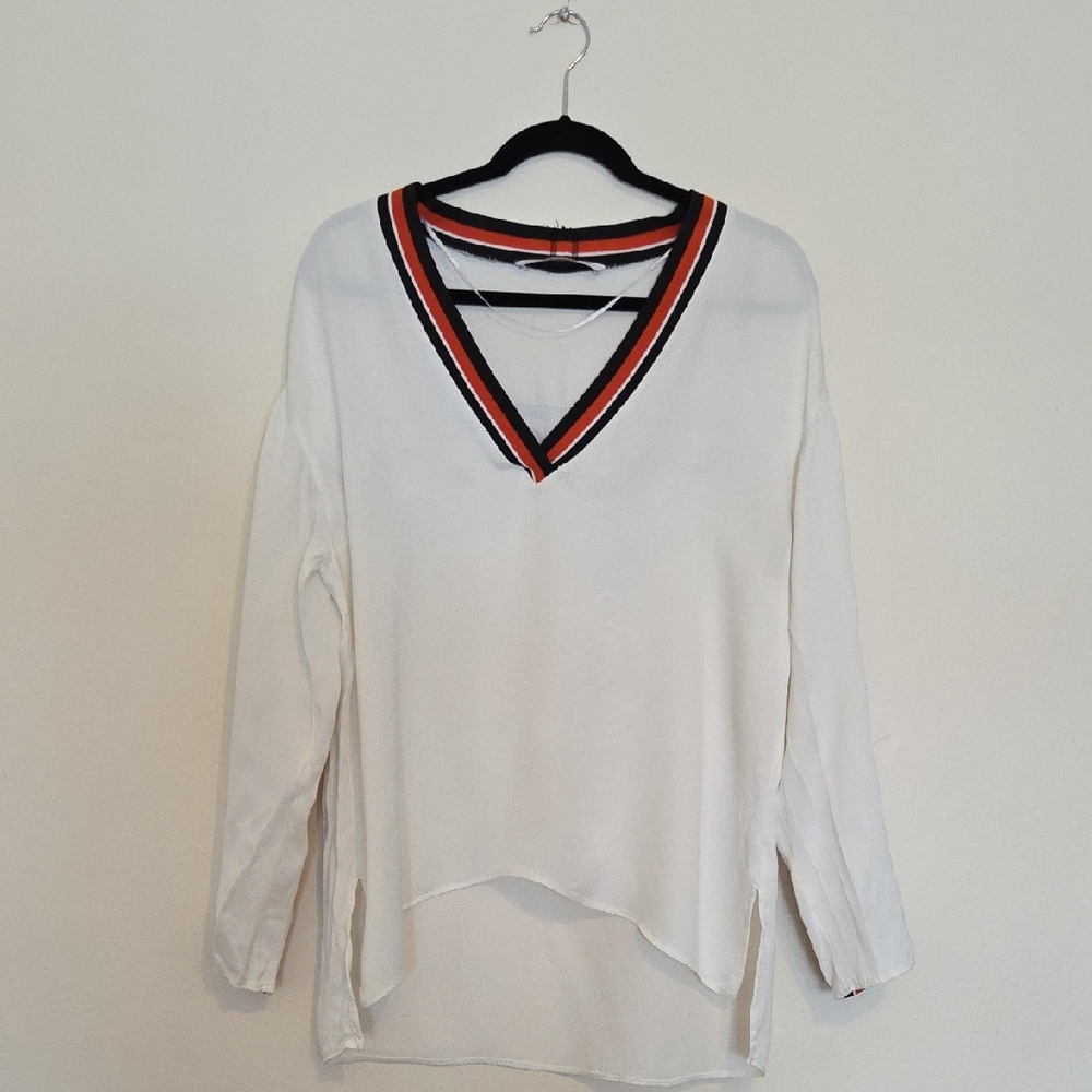Zara Trafaluc White Long Sleeve V-Neck Top with Black and Orange Trim